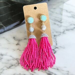 Source Unknown Vibrant Pink and Faux Turquoise Tassel Earrings